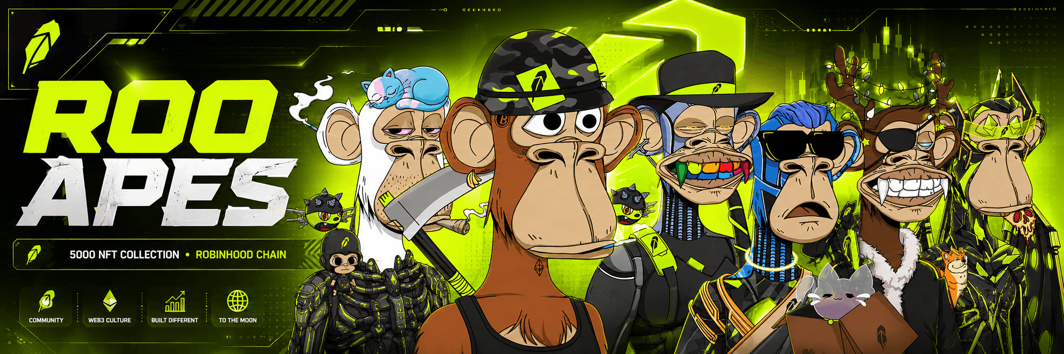 Roo Apes collection banner with neon characters